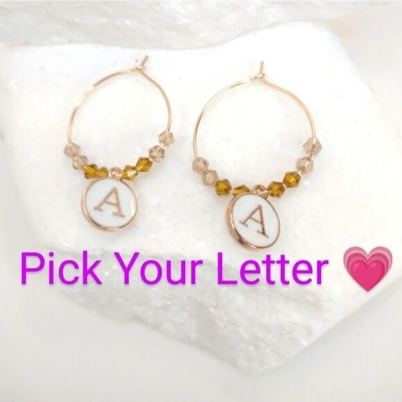 Initial Charm Earrings Gold and White - Picture 1 of 10